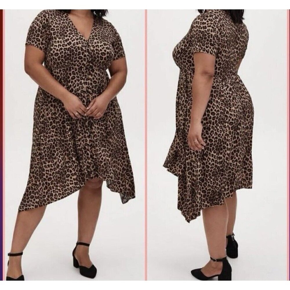 Torrid Leopard Print Button Front Sharkbite Asymmetric Hem Midi Dress Sz 2 (2X)